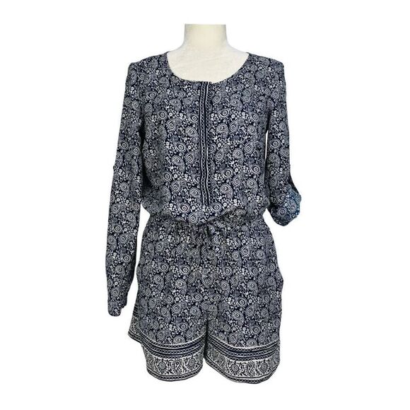 LOFT Romper Size 0 Blue White Paisley Print Long Sleeve Roll Tab One Piece EUC - Picture 1 of 16